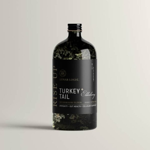 Bottle of RISE UP Turkey Tail + Elderberry Mushroom Elixir, double-extracted immune-boosting tonic, 120 doses