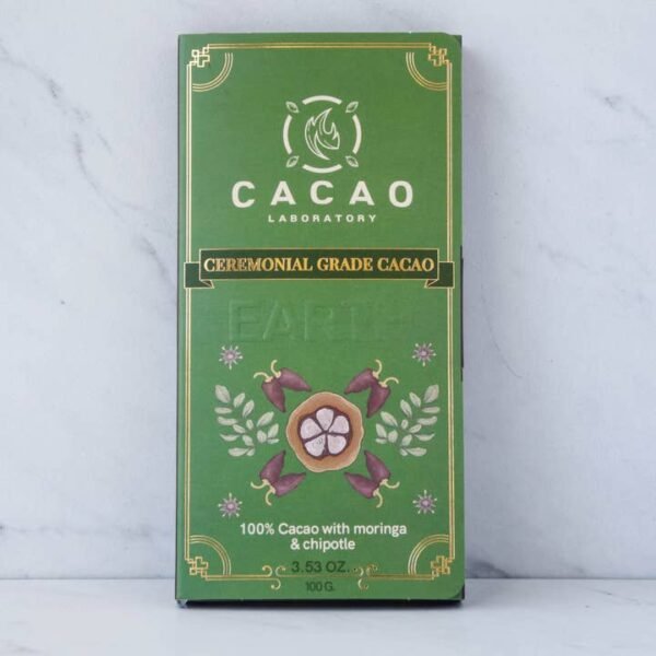 Ceremonial Grade Earth Element Cacao Blend with Moringa and Chipotle, featuring heirloom Arriba Nacional cacao