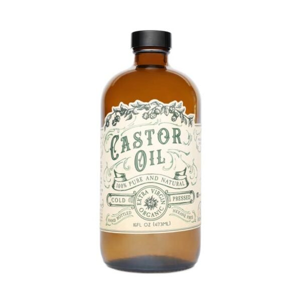 Glass bottle of Organic Cold Pressed Castor Oil, hexane-free, nutrient-rich with 92%+ ricinoleic acid content