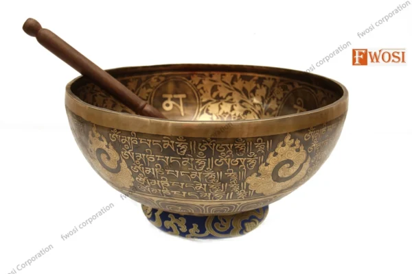 13 Inch Yogi Carving Tibetan Singing Bowl with Mallet & Cushion | Antique Sound Bowl For Yoga Therapy | Healing Bowl | Meditation Bowl - Image 2