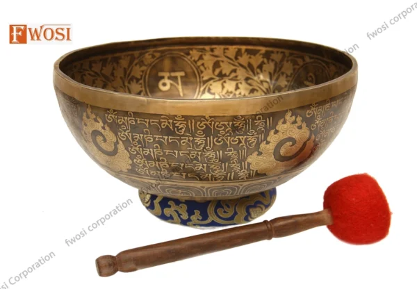 13 Inch Yogi Carving Tibetan Singing Bowl with Mallet & Cushion | Antique Sound Bowl For Yoga Therapy | Healing Bowl | Meditation Bowl - Image 3