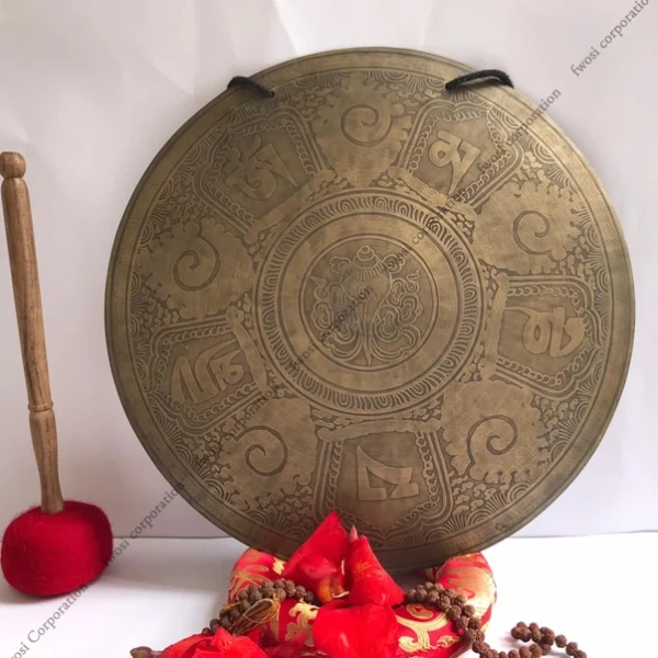 16 Inch Antique Conch Shell Carving Tibetan Gong Mallet & Cushion | Mindfulness Bell Sound Bowl Yoga Therapy | Meditation Gongs - Image 2